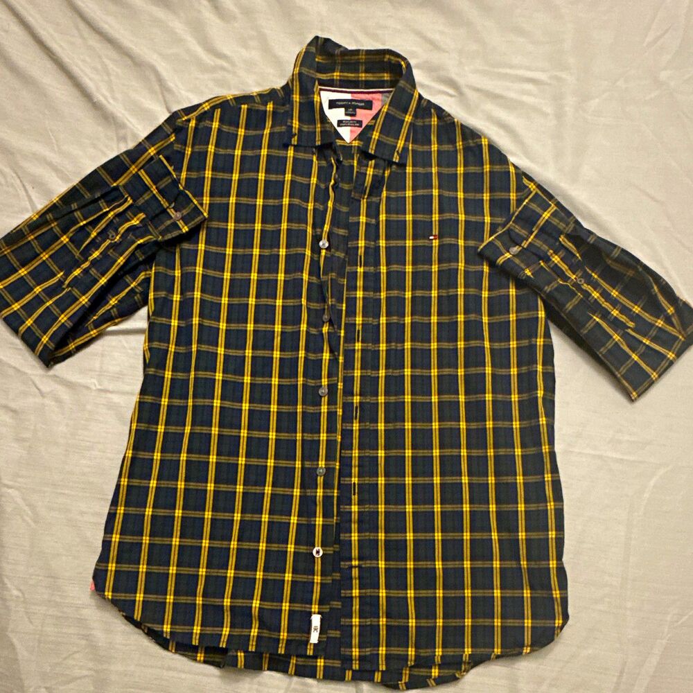 Tommy Hilfiger Plaid Yellow/Green Button-Up Shirt Regular Fit Collar Men’s L